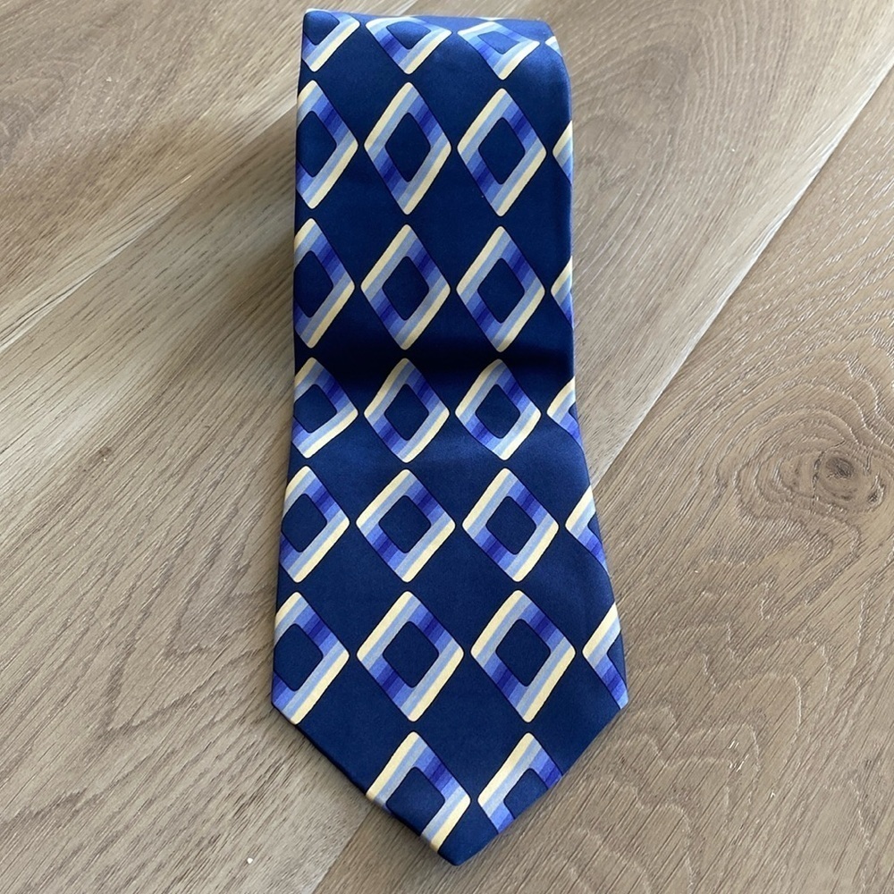 Paco Rabanne Geometric Silk Tie Navy Blue Pale Yellow